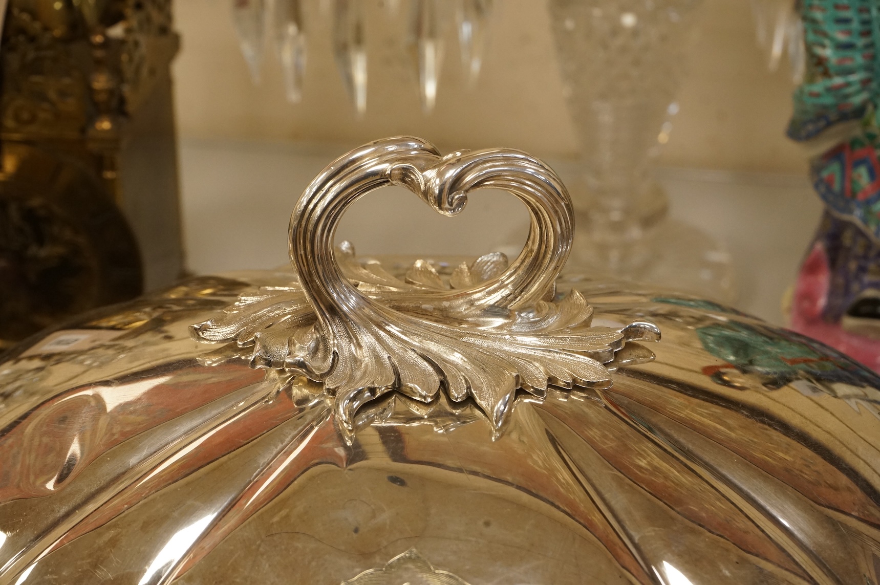A Victorian engraved electroplate meat dish cover, 38cm wide